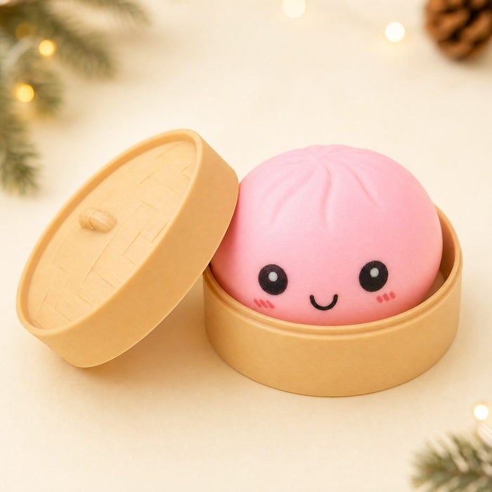 Big pink bao squishy in its steamer basket