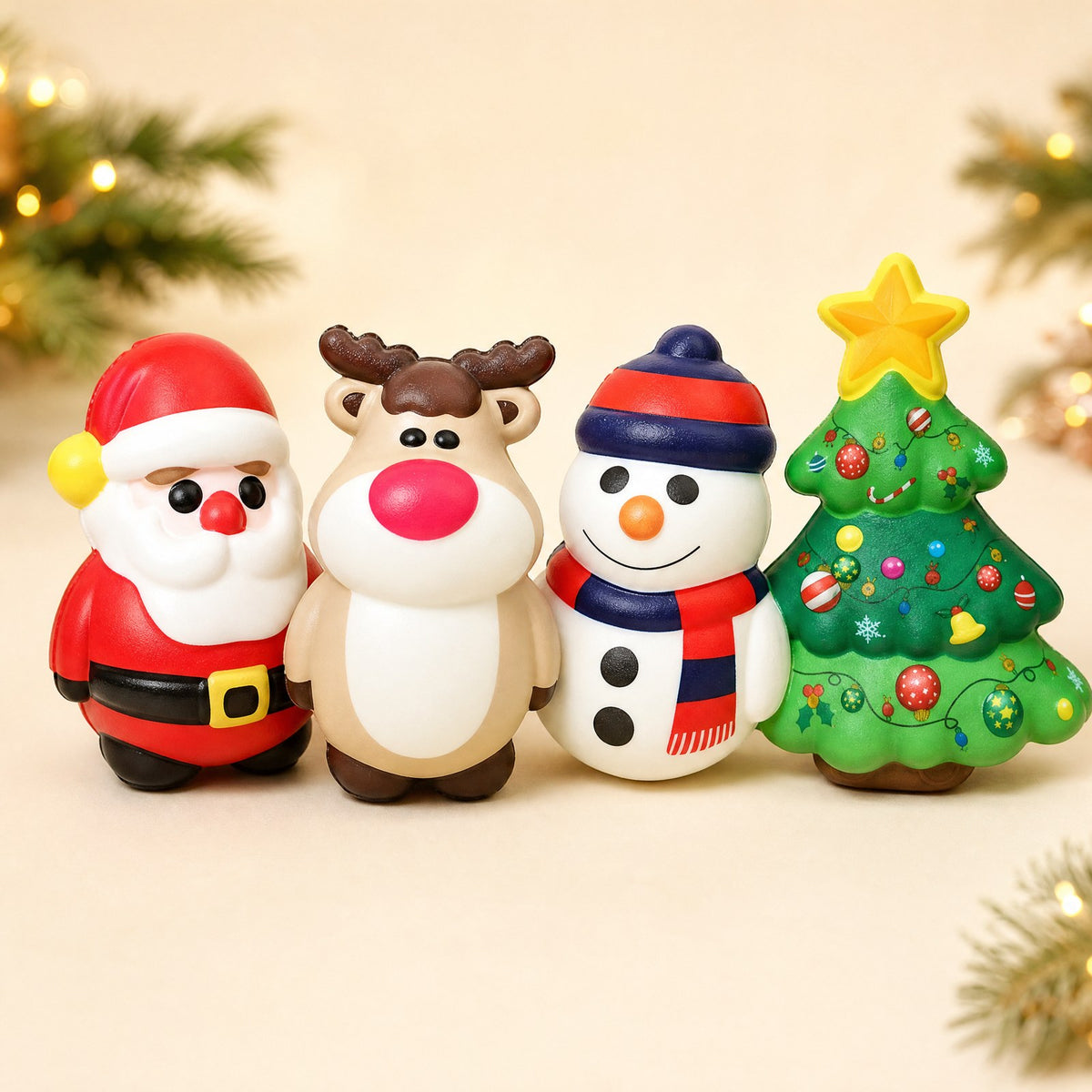 Holiday Friends squishies: Santa, reindeer, snowman and Christmas tree